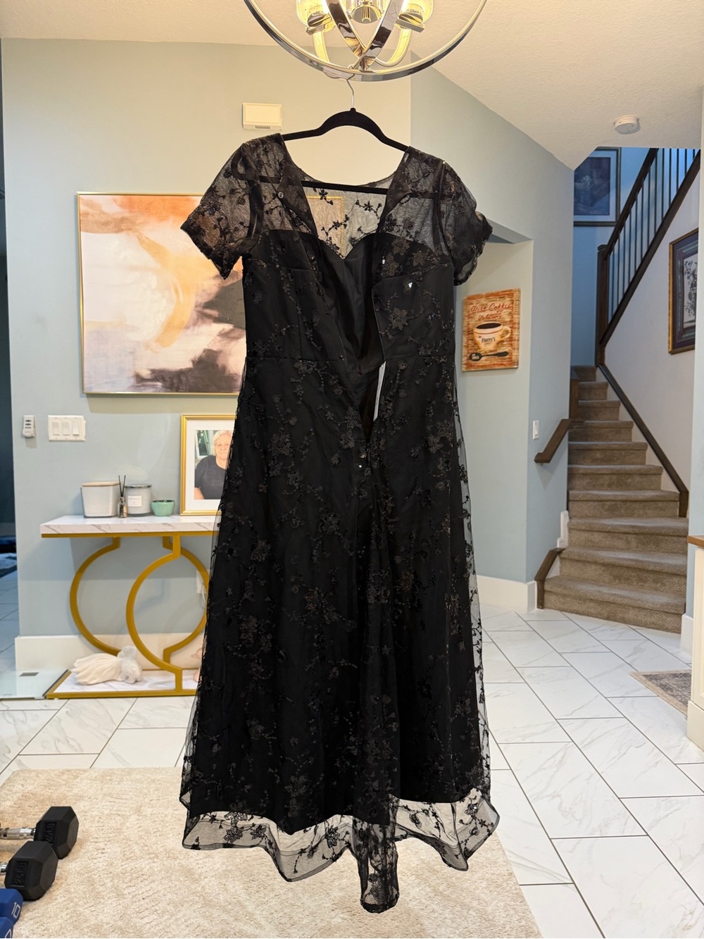 Black Floral Lace Midi Dress with Sheer Cap Sleeves